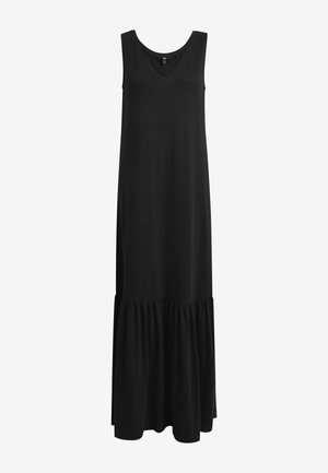 Robe noire sans manches avec un décolleté en V, présentant une silhouette fluide et un ourlet en volant froncé en tissu doux.