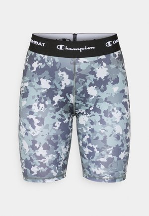 Calções atléticos em camuflagem com uma mistura de azul claro, cinza e branco. Feitos de material elástico, com um cós elástico preto.