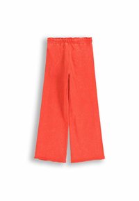 Czerwone szerokie spodnie z elastycznym paskiem w talii i miękką teksturą, wykonane z lekkiego materiału i o luźnym kroju.