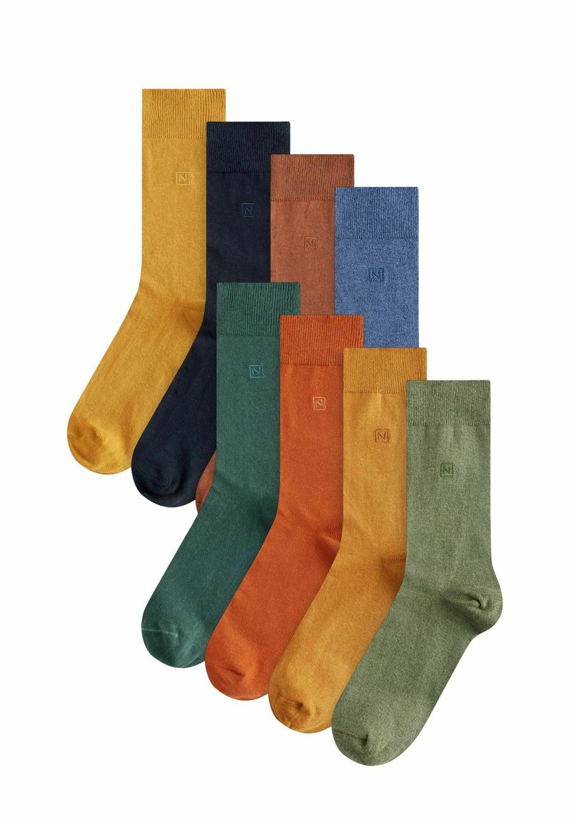 Osem par bombažnih nogavic v različnih barvah: gorčična rumena, temno mornarska, maroonska, svetlo modra, oranžna, zelena in olivna z rebrastimi robovi.