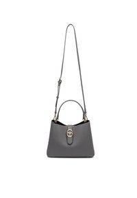 Borsa a tracolla in pelle grigia con un design strutturato. Presenta una tracolla removibile, un manico superiore e dettagli in metallo color oro.