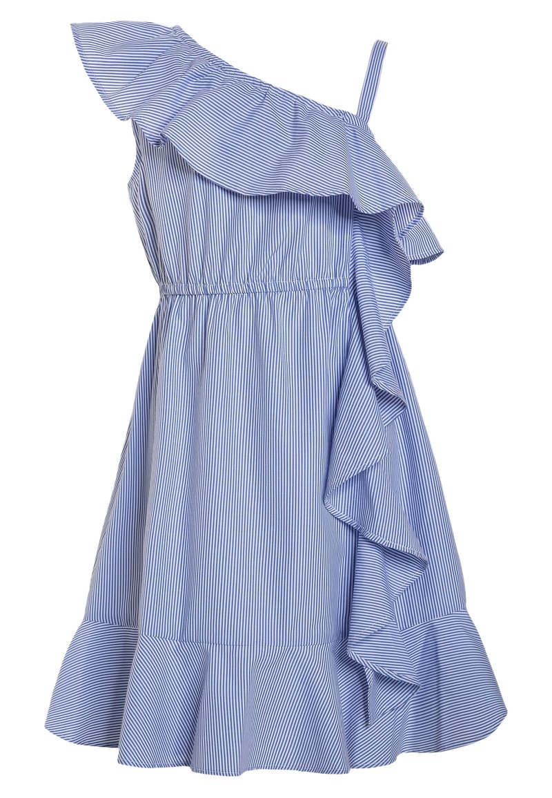 Blå och vit randig klänning med en axel, som har en volangvid halsringning, elastiskt midjeband och utställd nederdel med lager av volanger.
