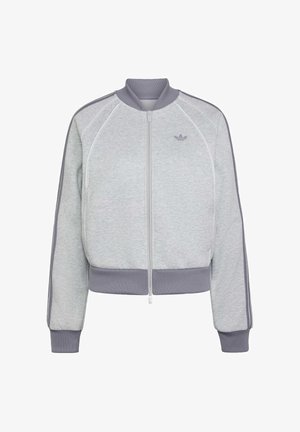 Lichtgrijze Adidas jas met rits, met geribde kraag, manchetten en zoom, met donkergrijze strepen op de mouwen en Adidas-logo op de borst.