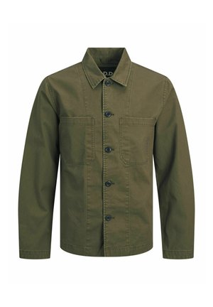 Olive green jacket made of cotton with a button front, pointed collar, and two chest pockets. Features a slight texture and a straight fit.