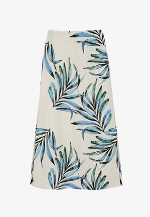 Kerge, kreemjas kangast seelik, millel on sinise ja rohelise lehe muster ning mustad aktsendid. A-joone kuju, põlveliini pikkus.