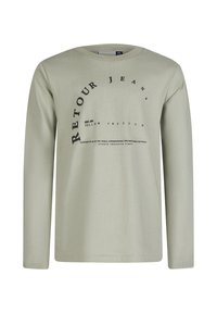Hellgrünes Langarm-T-Shirt aus weichem Baumwollmaterial. Mit rundem Halsausschnitt und auffälligen, schwarzen Textgrafiken auf der Vorderseite. Schlichtes, lässiges Design.
