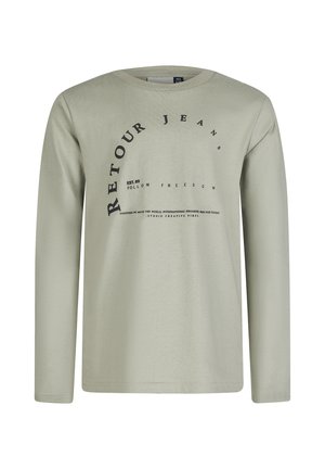Hellgrünes Langarm-T-Shirt aus weichem Baumwollmaterial. Mit rundem Halsausschnitt und auffälligen, schwarzen Textgrafiken auf der Vorderseite. Schlichtes, lässiges Design.