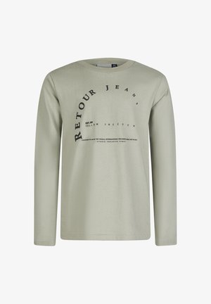 Hellgrünes Langarm-T-Shirt aus weichem Baumwollmaterial. Mit rundem Halsausschnitt und auffälligen, schwarzen Textgrafiken auf der Vorderseite. Schlichtes, lässiges Design.