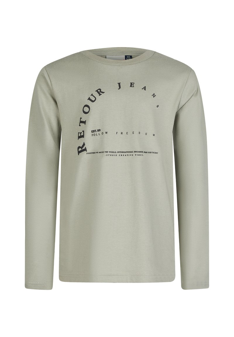 Hellgrünes Langarm-T-Shirt aus weichem Baumwollmaterial. Mit rundem Halsausschnitt und auffälligen, schwarzen Textgrafiken auf der Vorderseite. Schlichtes, lässiges Design.