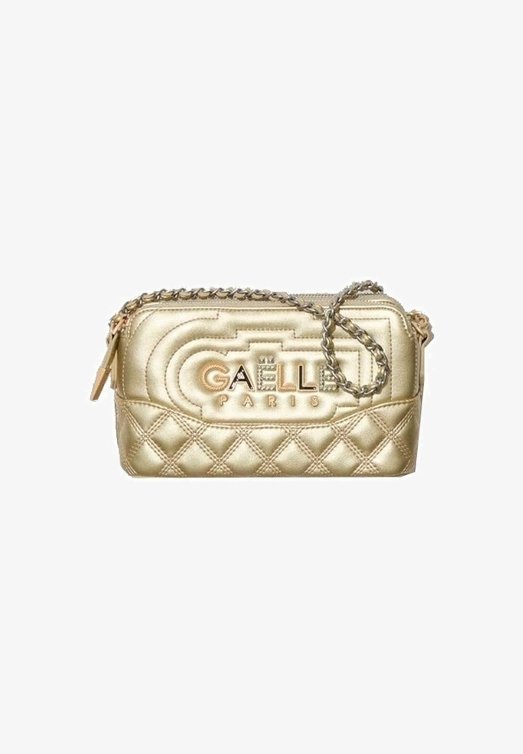 Lille gylden quiltet crossbody-taske med kæderem, lynlås og "GAËLLE PARIS" præget på forsiden.