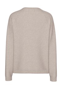 Beige sweater, blødt strikket materiale, klassisk rund halsudskæring, lange raglanærmer, ribbet kant og manchetter, simpelt design, ingen mønstre eller udsmykninger.
