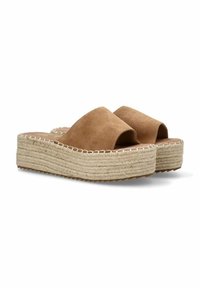 Sandalias de plataforma de ante marrón, con detalle de cuerda de yute y suela texturizada. Diseño de punta abierta con una amplia tira frontal.