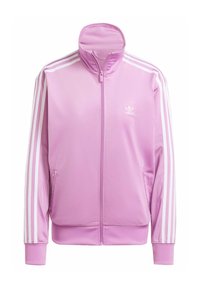 Ljuslila Adidas zip-up träningsoverall med vita tre-strecks detaljer på ärmarna och Adidas-logotyp på vänster bröst.