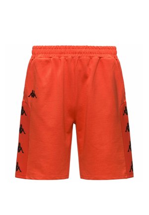 Pantaloncini sportivi arancione brillante con fascia elastica in vita, pannelli laterali con loghi neri Kappa ripetuti su ogni gamba.