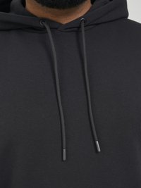 Black hooded sweatshirt with a smooth texture, featuring a kangaroo pocket, drawstrings, and subtle stitching details.