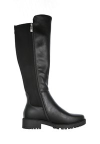 Bota negra hasta la rodilla con cremallera lateral y suela gruesa, que cuenta con un frente de cuero suave y un panel trasero de tela elástica.