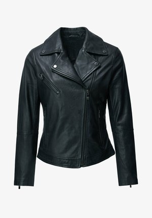Crna kožna motoristička jakna s izrezanim ovratnikom, patentnim zatvaračima na džepovima i asimetričnim prednjim patentnim zatvaračem. Glatka tekstura i uski kroj.