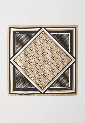 Square silk scarf featuring a geometric diamond pattern in tan and black, framed by bold white and black borders. Text on corner reads "BOSS."