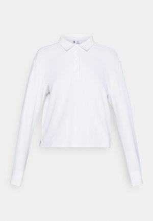 White long-sleeve polo shirt with button-up collar and slightly loose fit, displayed against a plain white background.