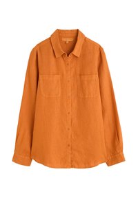 Oranžová košile na knoflíky vyrobená z texturované látky, s límcem, dvěma náprsními kapsami a dlouhými rukávy s knoflíkovými manžetami.