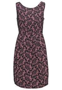 Svart klänning med rosa blommigt spetsmönster, ärmlös design, rundad urringning, figursydd midja och kjol med vid fåll. Mjuk textur, knälång.