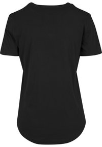 Sort kortærmet t-shirt lavet af blødt stof, med en afrundet kant og en klassisk pasform uden synlige mønstre eller pynt.