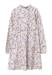 Blumenkleid aus leichtem Stoff, mit langen Ärmeln, hohem Kragen, gestuften Rüschen und einem Muster aus rosa, blauen und marineblauen Blumen auf einem cremefarbenen Hintergrund.