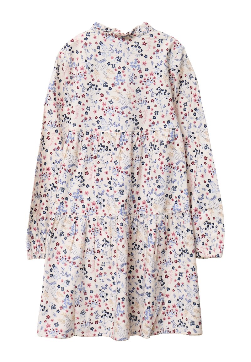 Blumenkleid aus leichtem Stoff, mit langen Ärmeln, hohem Kragen, gestuften Rüschen und einem Muster aus rosa, blauen und marineblauen Blumen auf einem cremefarbenen Hintergrund.