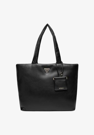 Borsa tote nera in materiale sintetico liscio, con triangolo logo dorato e una piccola pochette staccabile. Dotata di due manici lunghi.