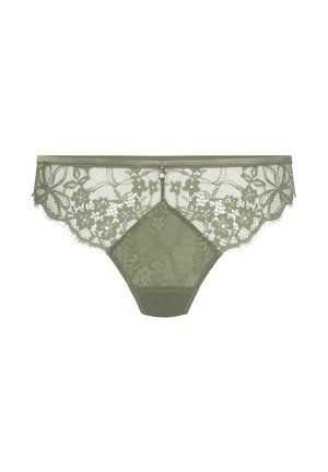 Damen-Bikini-Unterwäsche aus grünem Spitze mit Blumenmustern und einem kleinen dekorativen Schmuckstein in der Mitte des Taillenbands.