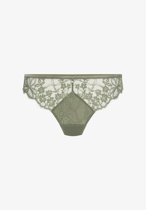 Groene kanten damesbikini-ondergoed met bloemenpatronen en een klein decoratief sieraad in het midden van de tailleband.