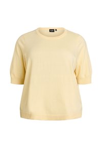 Hellgelbes kurzärmeliges Strickoberteil mit rundem Ausschnitt, mit gerippten Bündchen und lockerem Schnitt, glatter Textur und sauberem Design.