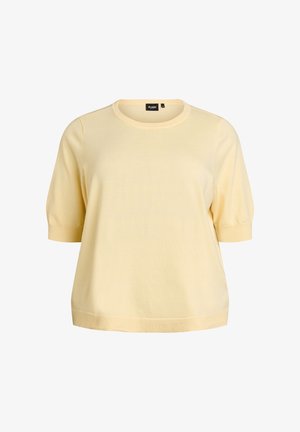 Hellgelbes kurzärmeliges Strickoberteil mit rundem Ausschnitt, mit gerippten Bündchen und lockerem Schnitt, glatter Textur und sauberem Design.