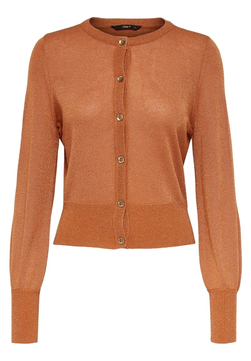 Cardigan à manches longues couleur rouille avec encolure ronde, fermeture à boutons sur le devant, poignets et ourlet côtelés, fabriqué en tissu tricot légèrement brillant.