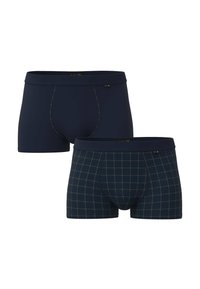 Due coppie di boxer da uomo, una in un solidissimo blu scuro e l'altra con un motivo a griglia in blu navy e marrone chiaro, dotati di bande elastiche in vita.