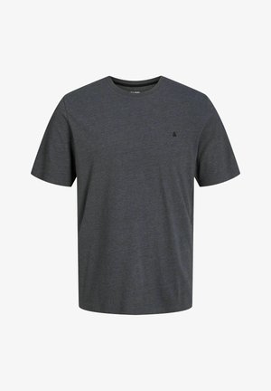 Temno siva bombažna majica s krožnim ovratnikom, kratkimi rokavi in majhnim logotipom na levi prsni strani. Ima gladko teksturo in sproščen kroj.