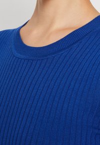 Blauer, gerippter Strickpullover mit rundem Ausschnitt. Der Stoff ist strukturiert und zeigt vertikale Streifen sowie eine einfarbige, glatte Oberfläche.