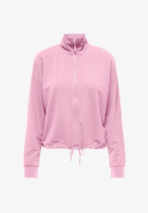 Rosa langärmelige Jacke mit Reißverschluss, hohem Kragen, Tunnelzug am Saum, gerippten Bündchen und kleinem weißen "ONLY PLAY"-Logo auf der linken Brust.