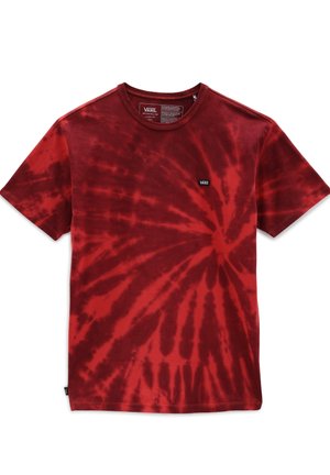 T-shirt rouge tie-dye en coton, avec un motif en spirale et un petit logo Vans noir sur la poitrine gauche. Manches courtes, col rond.