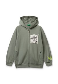 Haut à capuche zippé vert en tissu doux. Comprend une impression graphique sur le devant et la lettre "W" en vert fluo sur la manche. Poches kangourou.