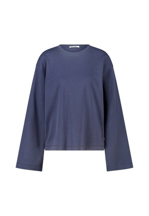 T-shirt bleu marine à manches longues, col rond, ourlet droit et coupe décontractée, présenté sur fond blanc.