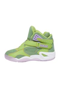 Høje sneakers i grøn og lavendel, lavet af mesh og syntetiske materialer. Har polstret krave, justerbar rem og tekstureret sål.
