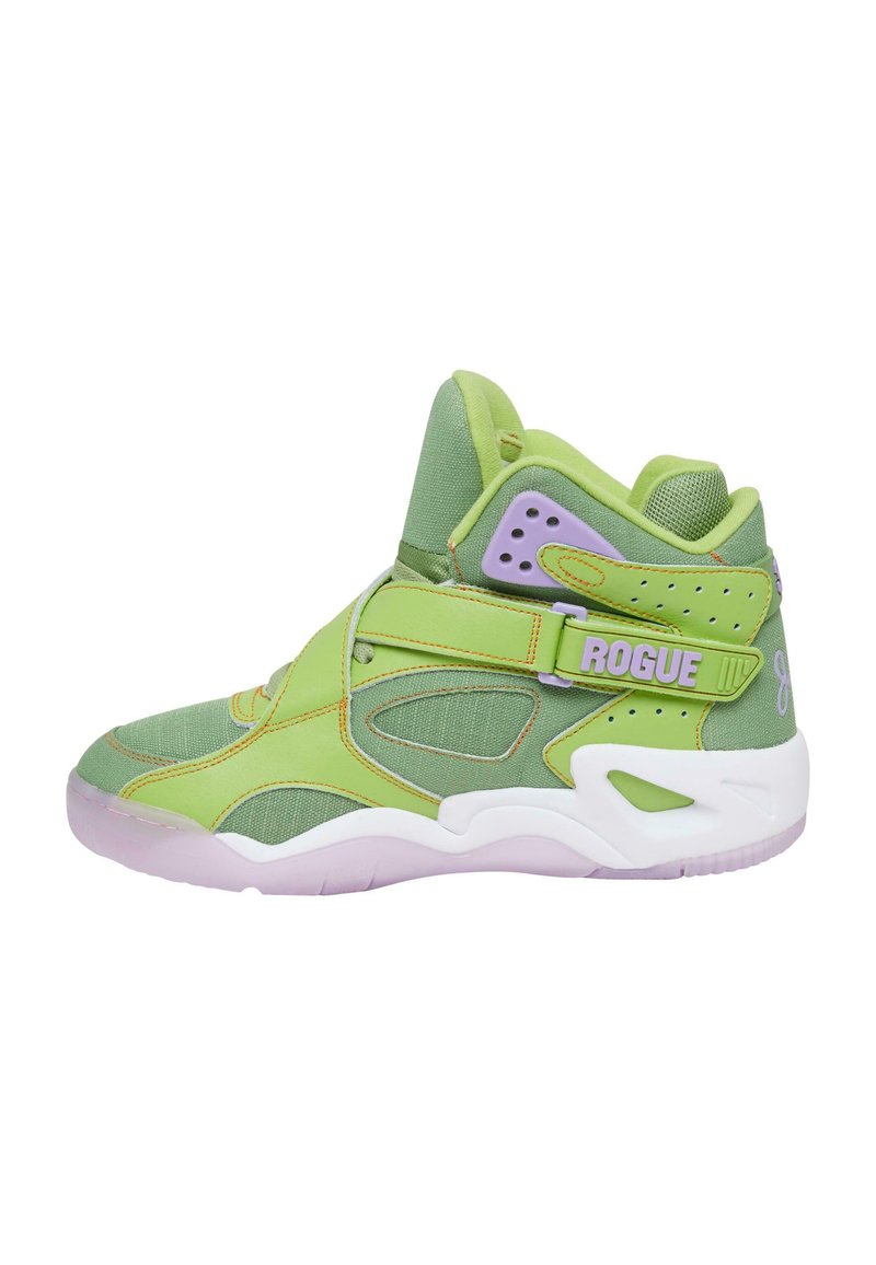 Høje sneakers i grøn og lavendel, lavet af mesh og syntetiske materialer. Har polstret krave, justerbar rem og tekstureret sål.