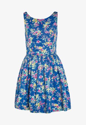 Robe bleu sans manches avec corsage ajusté et jupe évasée, recouverte d'un motif floral coloré rose, jaune et blanc.