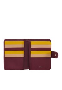 Maroon leather wallet with multiple card slots. Features yellow and nude horizontal stripes. Closure with snap button. Logo printed inside.