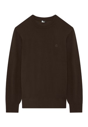 Donkerbruin langarm trui met ronde hals, voorzien van ribgebreide boorden en zoom, met een klein geborduurd logo op de linkerborst.