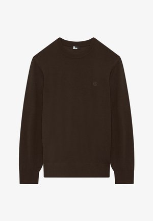 Dunkelbrauner, langärmliger Rundhals-Pullover mit gerippten Bündchen und Saum, versehen mit einem kleinen gestickten Logo auf der linken Brust.