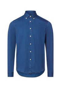 Camicia a maniche lunghe in denim blu scuro, con colletto a punta, bottoni bianchi e orlo curvo con sottili dettagli di cucitura.