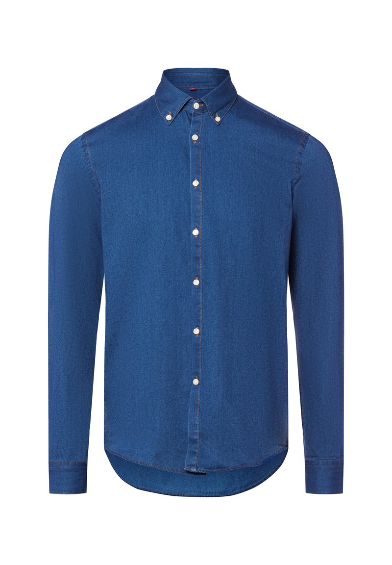 Camicia a maniche lunghe in denim blu scuro, con colletto a punta, bottoni bianchi e orlo curvo con sottili dettagli di cucitura.