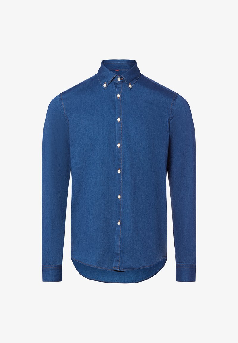 Camicia a maniche lunghe in denim blu scuro, con colletto a punta, bottoni bianchi e orlo curvo con sottili dettagli di cucitura.